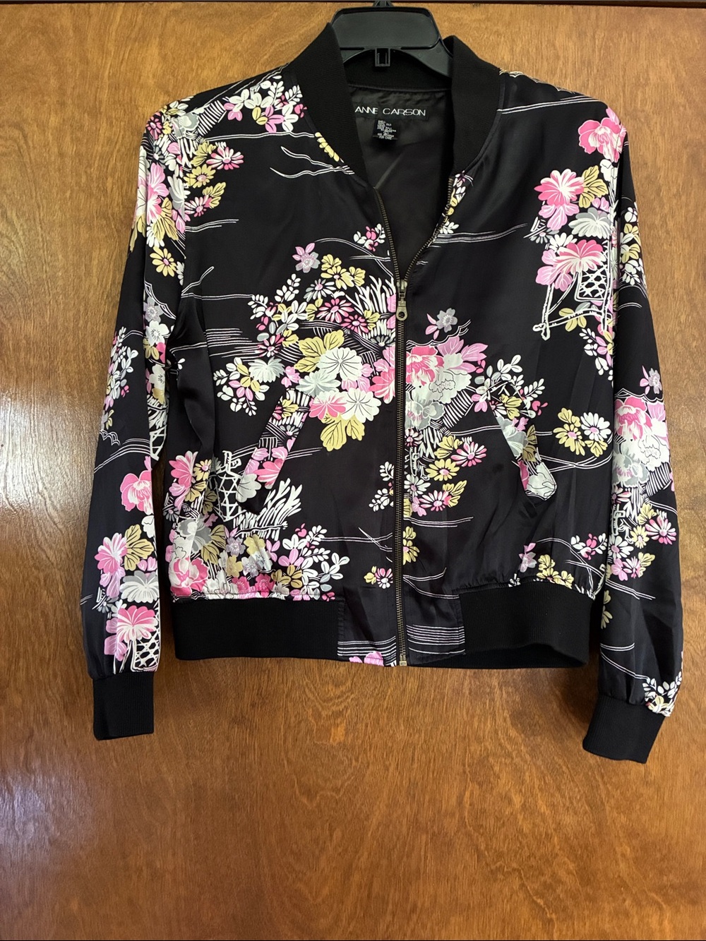 Anne Carson Black Floral Silk Bomber Jacket with Pink & Cream Blooms Size Large